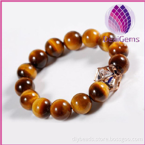 men's style natural tigereye bead bracelet with Austrian Crystal charm